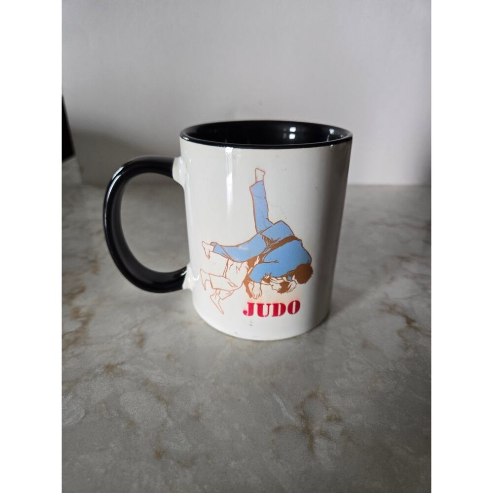 Judo Coffee Cup Mug Self Defense Drinking Cup Ceramic 3.75" Tall White Black